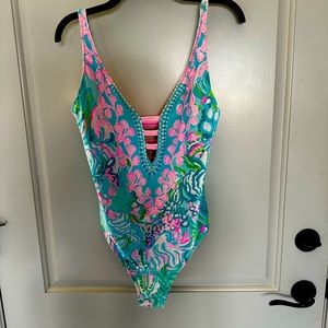 Lily Pulitzer teal blue and pink one piece bathing suit